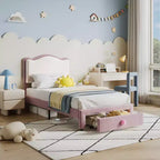 Lit pour enfant, lit plateforme jumeau rembourré, lit pour tout-petit avec tête de lit et tiroir de rangement, lit plateforme princesse