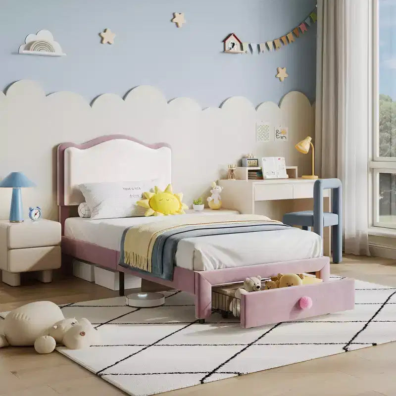 Lit pour enfant, lit plateforme jumeau rembourré, lit pour tout-petit avec tête de lit et tiroir de rangement, lit plateforme princesse