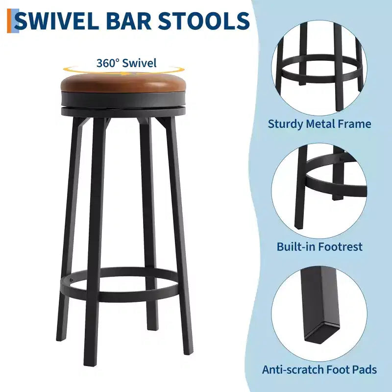 Tabouret de bar pivotant sans dossier de 76 cm avec repose-pieds, revêtement en cuir PU et cadre en métal pour îlot de cuisine