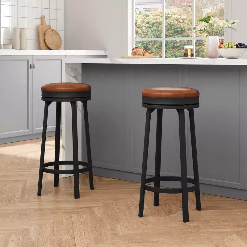Tabouret de bar pivotant sans dossier de 76 cm avec repose-pieds, revêtement en cuir PU et cadre en métal pour îlot de cuisine