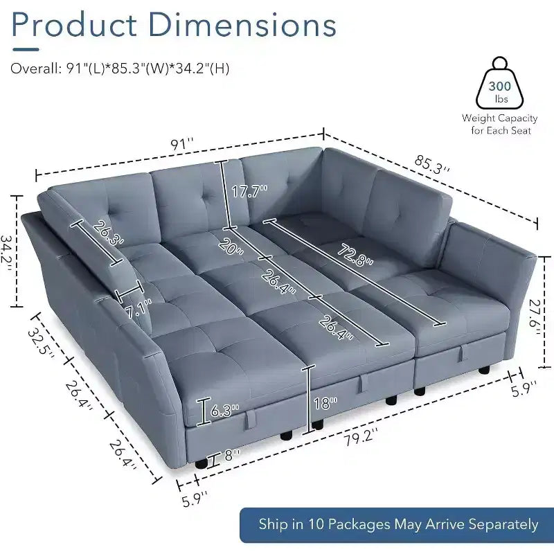 Canapé modulable 91, canapé d'angle Cloud avec 9 assises profondes, 9 places avec rangement et méridienne, canapé en velours en U, pour salon, bleu