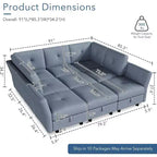 Canapé modulable 91, canapé d'angle Cloud avec 9 assises profondes, 9 places avec rangement et méridienne, canapé en velours en U, pour salon, bleu