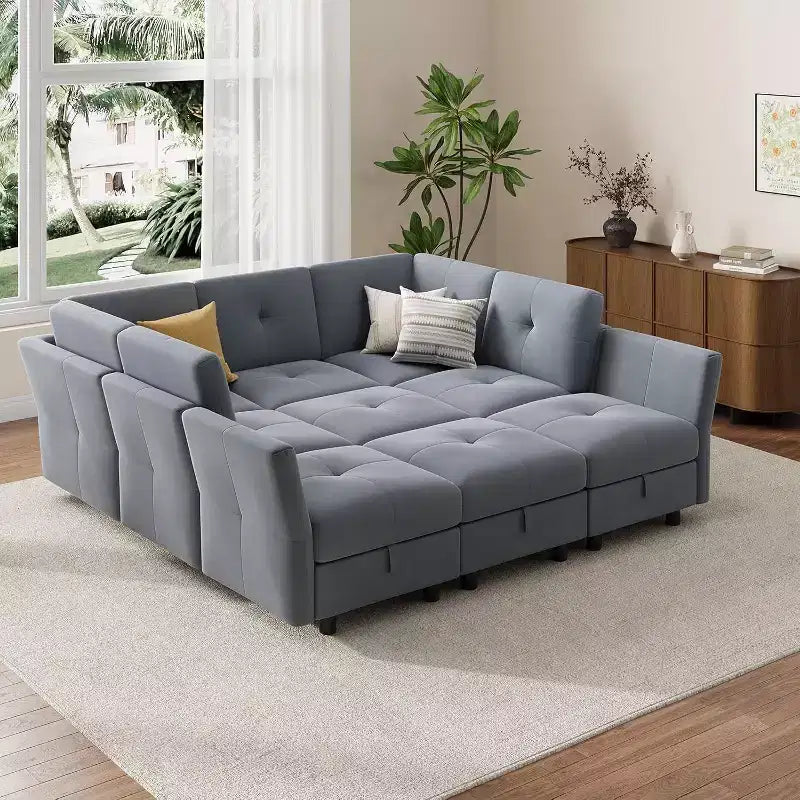 Canapé modulable 91, canapé d'angle Cloud avec 9 assises profondes, 9 places avec rangement et méridienne, canapé en velours en U, pour salon, bleu