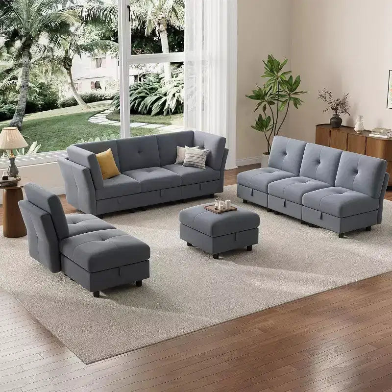 Canapé modulable 91, canapé d'angle Cloud avec 9 assises profondes, 9 places avec rangement et méridienne, canapé en velours en U, pour salon, bleu