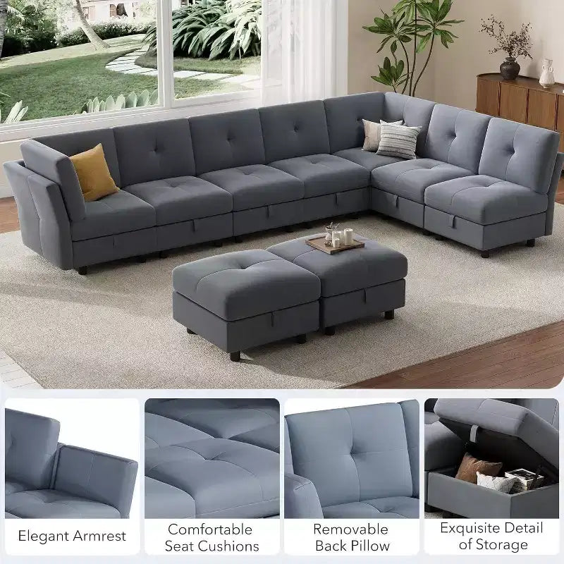 Canapé modulable 91, canapé d'angle Cloud avec 9 assises profondes, 9 places avec rangement et méridienne, canapé en velours en U, pour salon, bleu