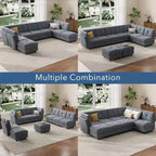 Canapé modulable 91, canapé d'angle Cloud avec 9 assises profondes, 9 places avec rangement et méridienne, canapé en velours en U, pour salon, bleu