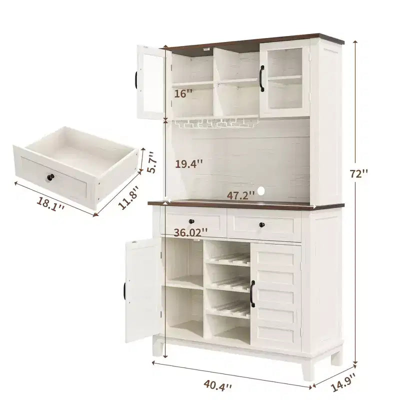 Meuble de bar à café, Table de bar à café style ferme de 72 po avec 4 portes et 2 tiroirs et porte-verres à vin, Étagères de rangement, Meuble de rangement de cuisine, Blanc