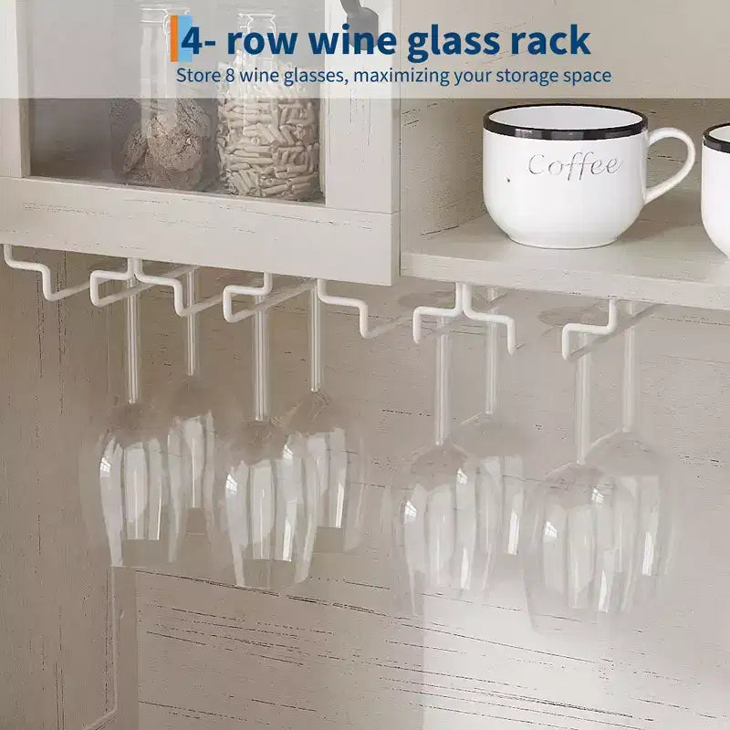 Meuble de bar à café, Table de bar à café style ferme de 72 po avec 4 portes et 2 tiroirs et porte-verres à vin, Étagères de rangement, Meuble de rangement de cuisine, Blanc