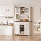 Meuble de bar à café, Table de bar à café style ferme de 72 po avec 4 portes et 2 tiroirs et porte-verres à vin, Étagères de rangement, Meuble de rangement de cuisine, Blanc