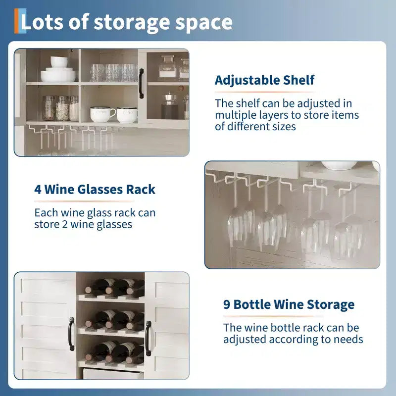 Meuble de bar à café, Table de bar à café style ferme de 72 po avec 4 portes et 2 tiroirs et porte-verres à vin, Étagères de rangement, Meuble de rangement de cuisine, Blanc