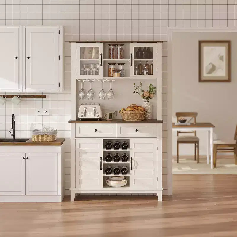 Meuble de bar à café, Table de bar à café style ferme de 72 po avec 4 portes et 2 tiroirs et porte-verres à vin, Étagères de rangement, Meuble de rangement de cuisine, Blanc