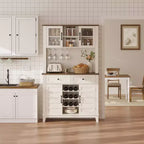 Meuble de bar à café, Table de bar à café style ferme de 72 po avec 4 portes et 2 tiroirs et porte-verres à vin, Étagères de rangement, Meuble de rangement de cuisine, Blanc