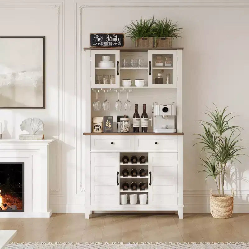 Meuble de bar à café, Table de bar à café style ferme de 72 po avec 4 portes et 2 tiroirs et porte-verres à vin, Étagères de rangement, Meuble de rangement de cuisine, Blanc