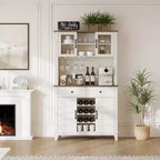 Meuble de bar à café, Table de bar à café style ferme de 72 po avec 4 portes et 2 tiroirs et porte-verres à vin, Étagères de rangement, Meuble de rangement de cuisine, Blanc