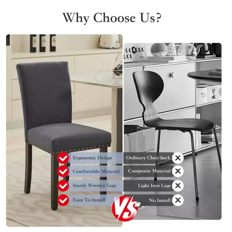 Lot de 2 chaises de salle à manger, ensemble de chaises de salle à manger rembourrées avec clous décoratifs/pieds en bois et coussins. Chaises de salon modernes