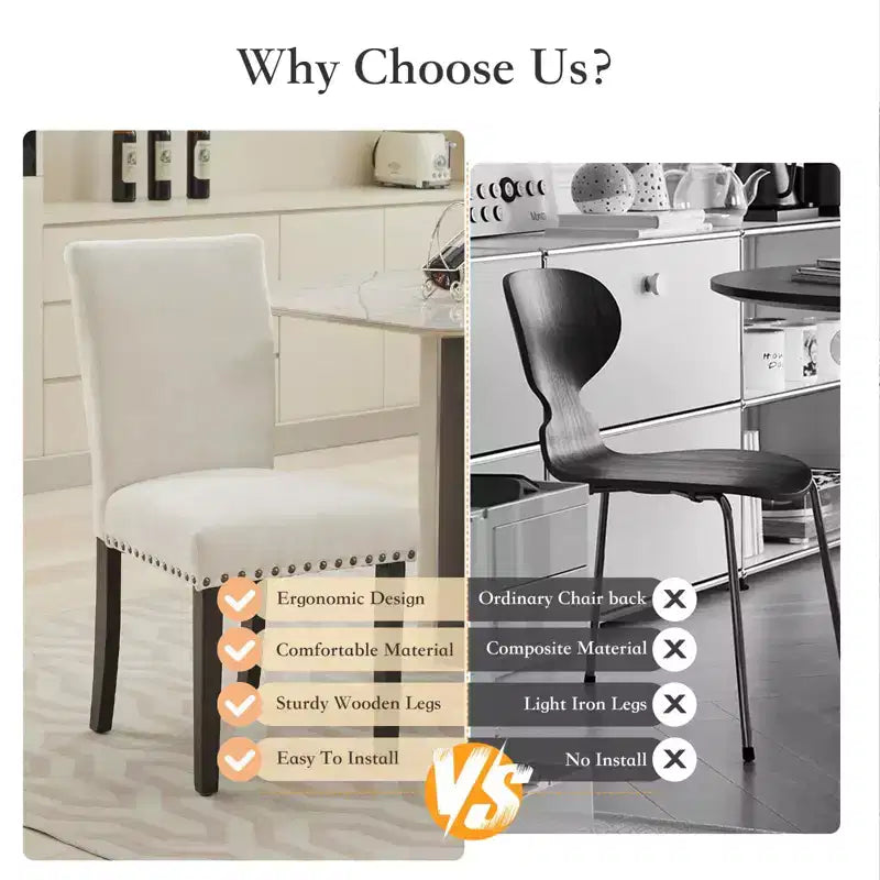 Lot de 2 chaises de salle à manger, ensemble de chaises de salle à manger rembourrées avec clous décoratifs/pieds en bois et coussins. Chaises de salon modernes