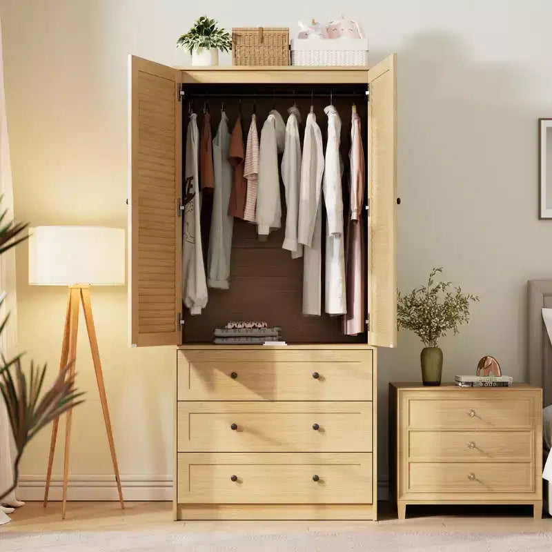 Clothing Storage Cabinet with 2 Doors for Bedroom,Armoire Wardrobe Closet, Wooden Wardrobe Cabinet with 3 Drawers, Large Capacity Storage