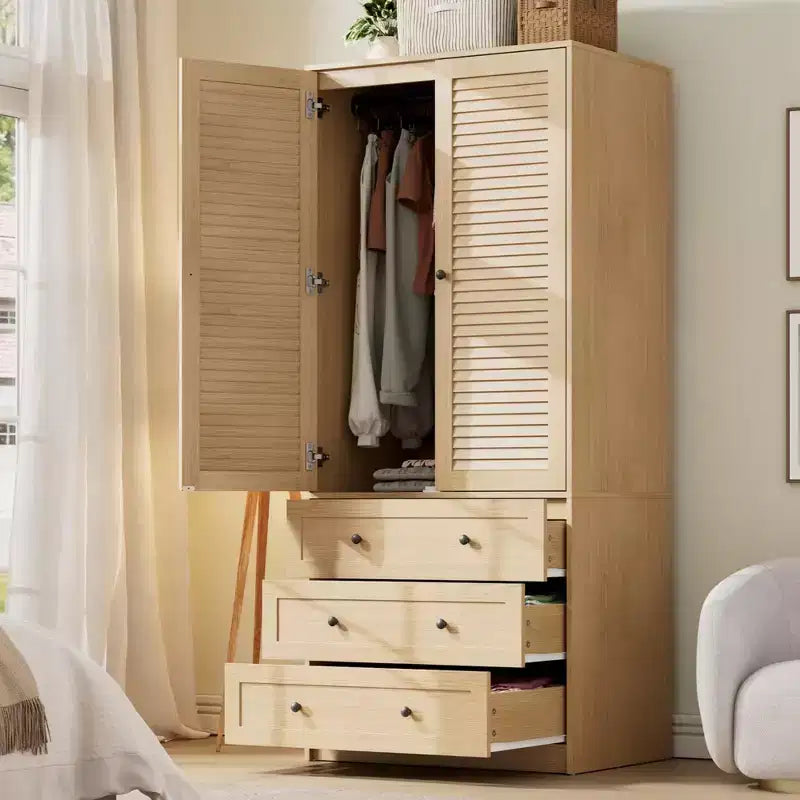 Armoire de rangement à 2 portes pour chambre à coucher, penderie, armoire de rangement en bois à 3 tiroirs, grande capacité de rangement