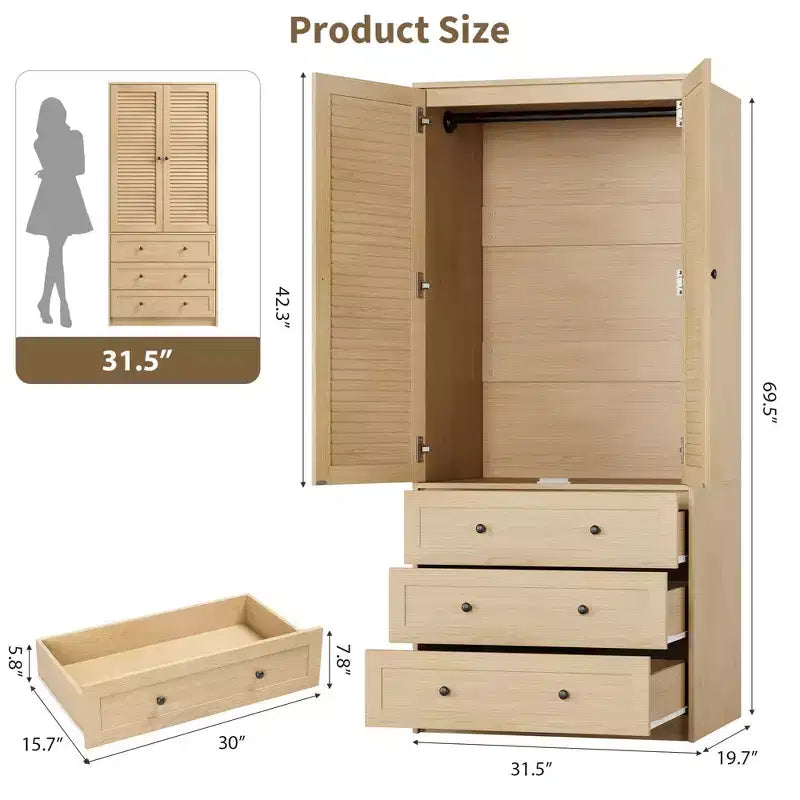 Armoire de rangement à 2 portes pour chambre à coucher, penderie, armoire de rangement en bois à 3 tiroirs, grande capacité de rangement