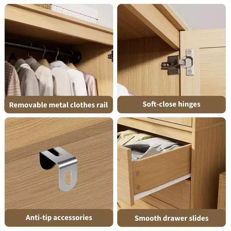 Armoire de rangement à 2 portes pour chambre à coucher, penderie, armoire de rangement en bois à 3 tiroirs, grande capacité de rangement