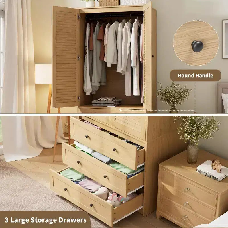 Armoire de rangement à 2 portes pour chambre à coucher, penderie, armoire de rangement en bois à 3 tiroirs, grande capacité de rangement