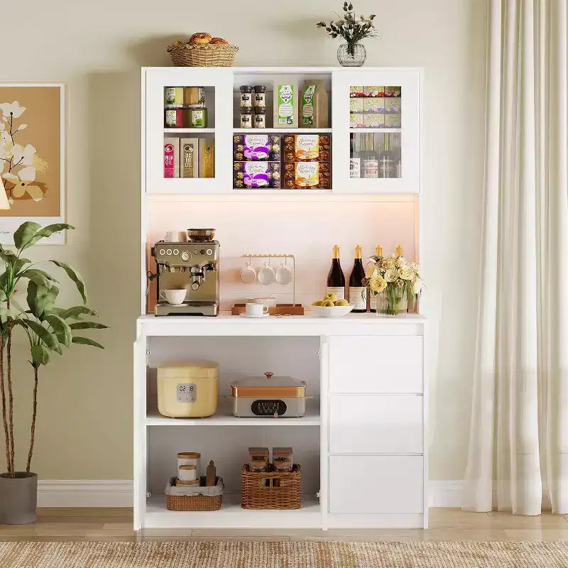 Meuble de rangement d'angle de cuisine 71", Armoire de rangement avec portes et étagères réglables, Armoire de cuisine avec étagère pour micro-ondes