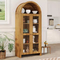 70in Tall Arched Kitchen Pantry, Farmhouse Wood Cupboard Storage Cabinet with Acrylic Doors and Adjustable Shelves for Dining Room Living Room Oak