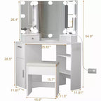 Coiffeuse d'angle avec miroir lumineux, table et prise de courant, coiffeuse de maquillage lumineuse avec 2 tiroirs et tabouret