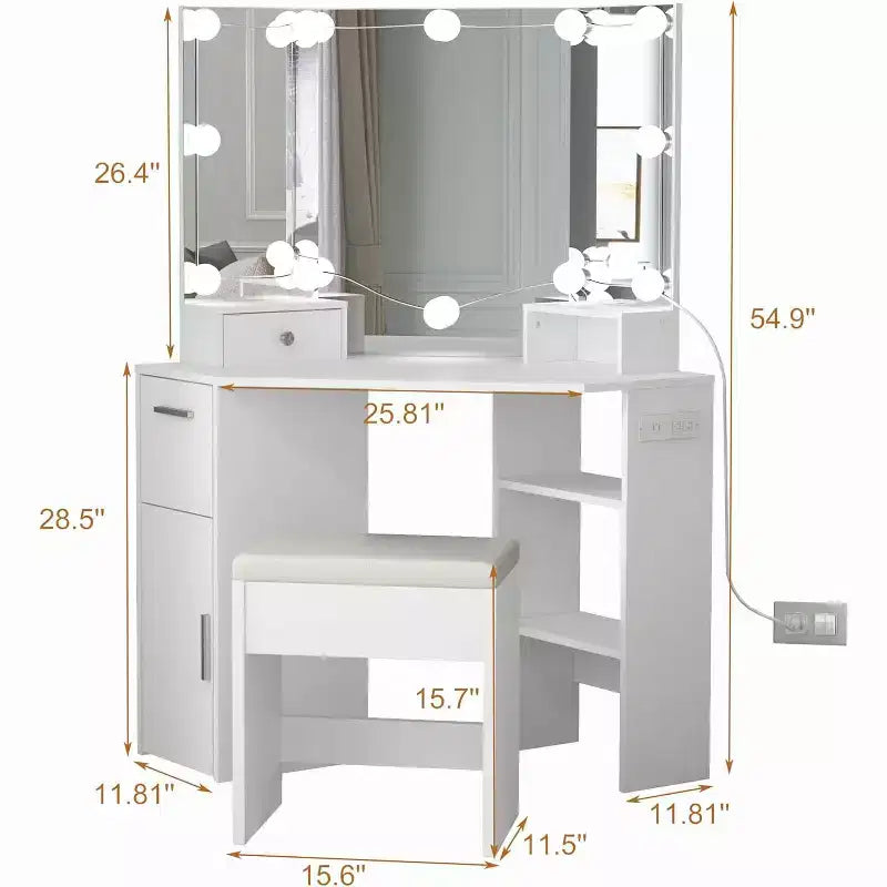 Coiffeuse d'angle avec miroir lumineux, table et prise de courant, coiffeuse de maquillage lumineuse avec 2 tiroirs et tabouret