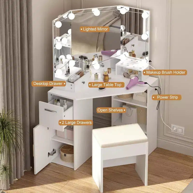 Coiffeuse d'angle avec miroir lumineux, table et prise de courant, coiffeuse de maquillage lumineuse avec 2 tiroirs et tabouret