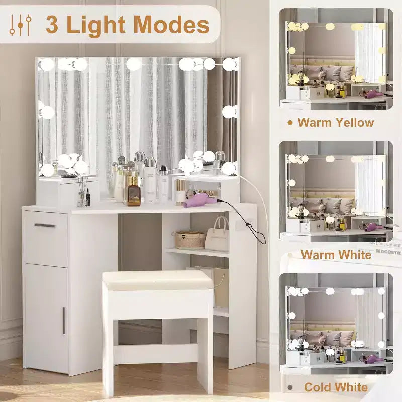 Coiffeuse d'angle avec miroir lumineux, table et prise de courant, coiffeuse de maquillage lumineuse avec 2 tiroirs et tabouret