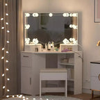 Coiffeuse d'angle avec miroir lumineux, table et prise de courant, coiffeuse de maquillage lumineuse avec 2 tiroirs et tabouret