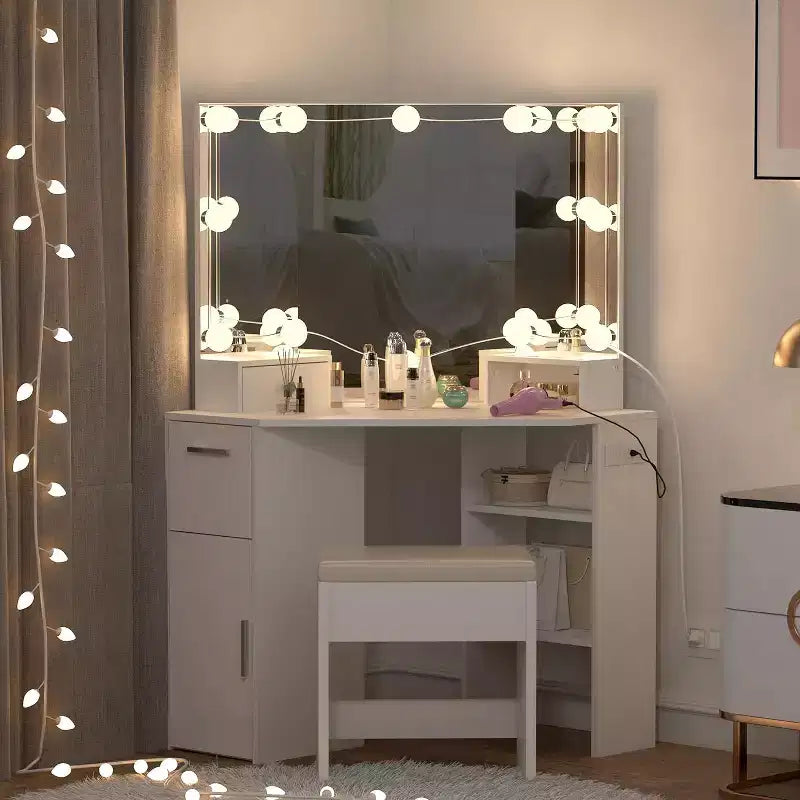 Coiffeuse d'angle avec miroir lumineux, table et prise de courant, coiffeuse de maquillage lumineuse avec 2 tiroirs et tabouret