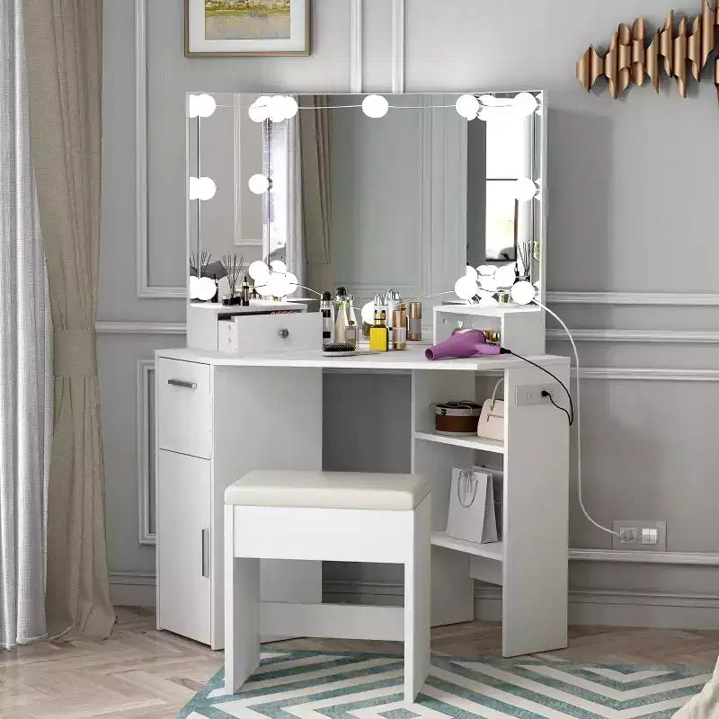 Coiffeuse d'angle avec miroir lumineux, table et prise de courant, coiffeuse de maquillage lumineuse avec 2 tiroirs et tabouret