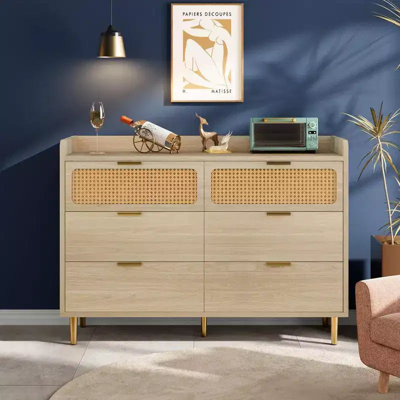 Commode double à 6 tiroirs avec bordure à rebord, commode de placard dorée de style moderne du milieu du siècle avec pieds hauts, design en rotin, grand organisateur de rangement pour chambre à coucher