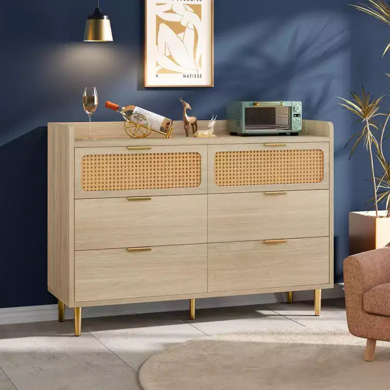 Commode double à 6 tiroirs avec bordure à rebord, commode de placard dorée de style moderne du milieu du siècle avec pieds hauts, design en rotin, grand organisateur de rangement pour chambre à coucher