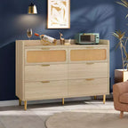 Commode double à 6 tiroirs avec bordure à rebord, commode de placard dorée de style moderne du milieu du siècle avec pieds hauts, design en rotin, grand organisateur de rangement pour chambre à coucher
