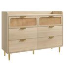 Commode double à 6 tiroirs avec bordure à rebord, commode de placard dorée de style moderne du milieu du siècle avec pieds hauts, design en rotin, grand organisateur de rangement pour chambre à coucher
