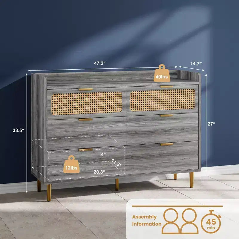 Commode double à 6 tiroirs avec bordure à rebord, commode de placard dorée de style moderne du milieu du siècle avec pieds hauts, design en rotin, grand organisateur de rangement pour chambre à coucher