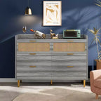 Commode double à 6 tiroirs avec bordure à rebord, commode de placard dorée de style moderne du milieu du siècle avec pieds hauts, design en rotin, grand organisateur de rangement pour chambre à coucher