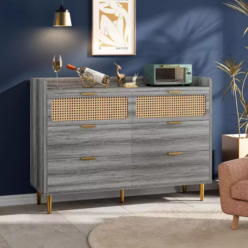 Commode double à 6 tiroirs avec bordure à rebord, commode de placard dorée de style moderne du milieu du siècle avec pieds hauts, design en rotin, grand organisateur de rangement pour chambre à coucher