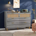 Commode double à 6 tiroirs avec bordure à rebord, commode de placard dorée de style moderne du milieu du siècle avec pieds hauts, design en rotin, grand organisateur de rangement pour chambre à coucher