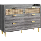 Commode double à 6 tiroirs avec bordure à rebord, commode de placard dorée de style moderne du milieu du siècle avec pieds hauts, design en rotin, grand organisateur de rangement pour chambre à coucher