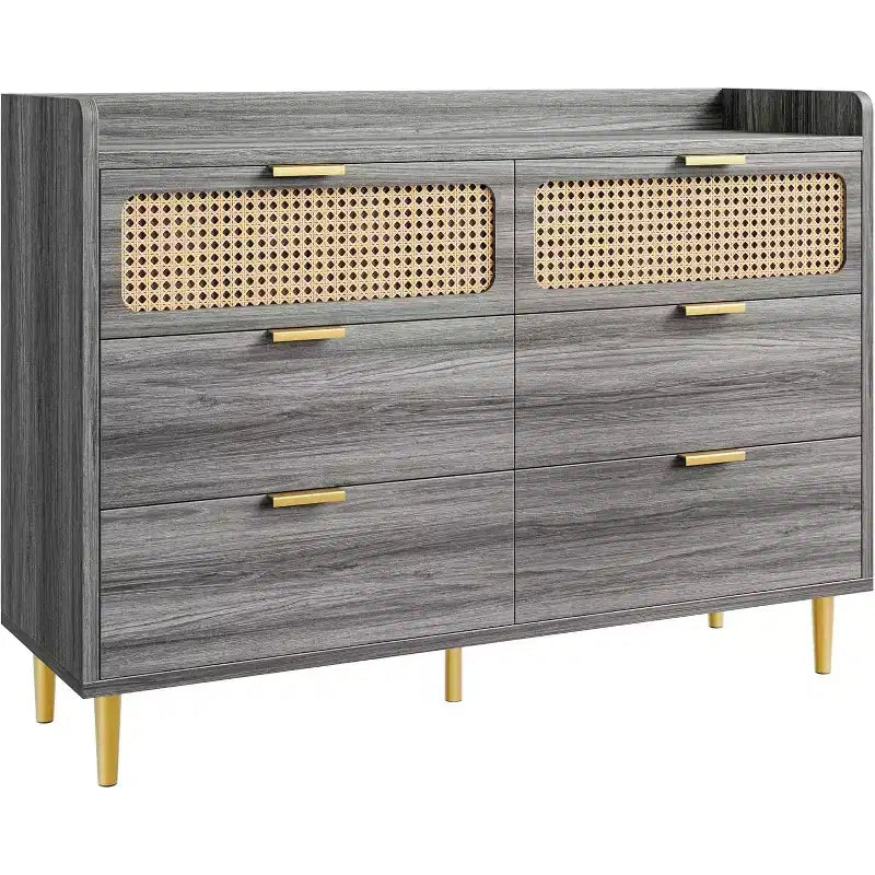 Commode double à 6 tiroirs avec bordure à rebord, commode de placard dorée de style moderne du milieu du siècle avec pieds hauts, design en rotin, grand organisateur de rangement pour chambre à coucher