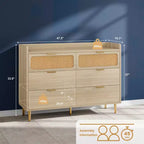 Commode double à 6 tiroirs avec bordure à rebord, commode de placard dorée de style moderne du milieu du siècle avec pieds hauts, design en rotin, grand organisateur de rangement pour chambre à coucher