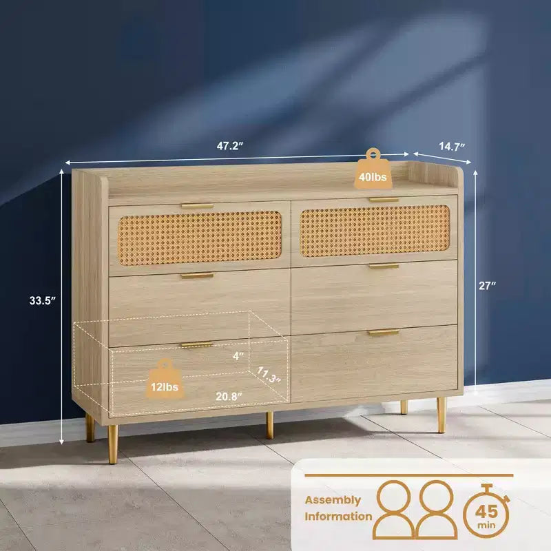 Commode double à 6 tiroirs avec bordure à rebord, commode de placard dorée de style moderne du milieu du siècle avec pieds hauts, design en rotin, grand organisateur de rangement pour chambre à coucher