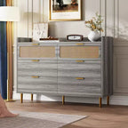 6 Drawer Double Dresser with Railed Edge, Mid Century Modern Gold Closet Dresser with High Legs, Rattan Design, Large Storage Organizer for Bedroom