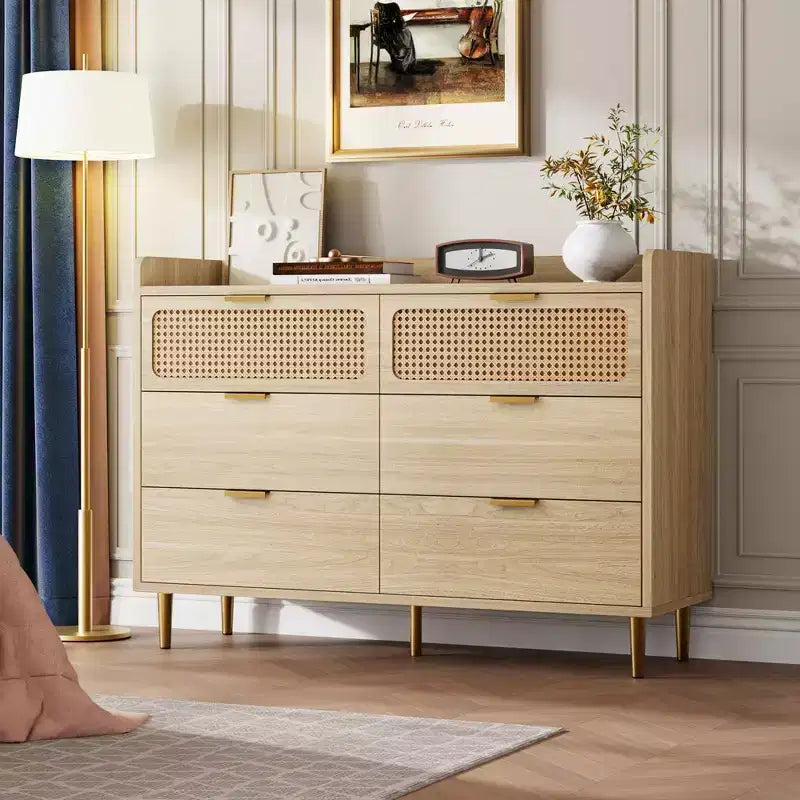 Commode double à 6 tiroirs avec bordure à rebord, commode de placard dorée de style moderne du milieu du siècle avec pieds hauts, design en rotin, grand organisateur de rangement pour chambre à coucher