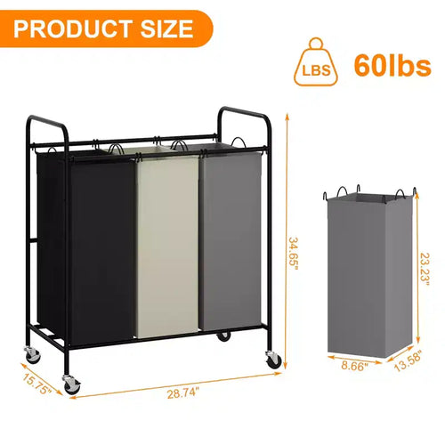 Panier à linge 2/3 compartiments, chariot de tri de linge robuste avec roulettes verrouillables et sacs amovibles 2/3x40L, organisateur de buanderie séparé