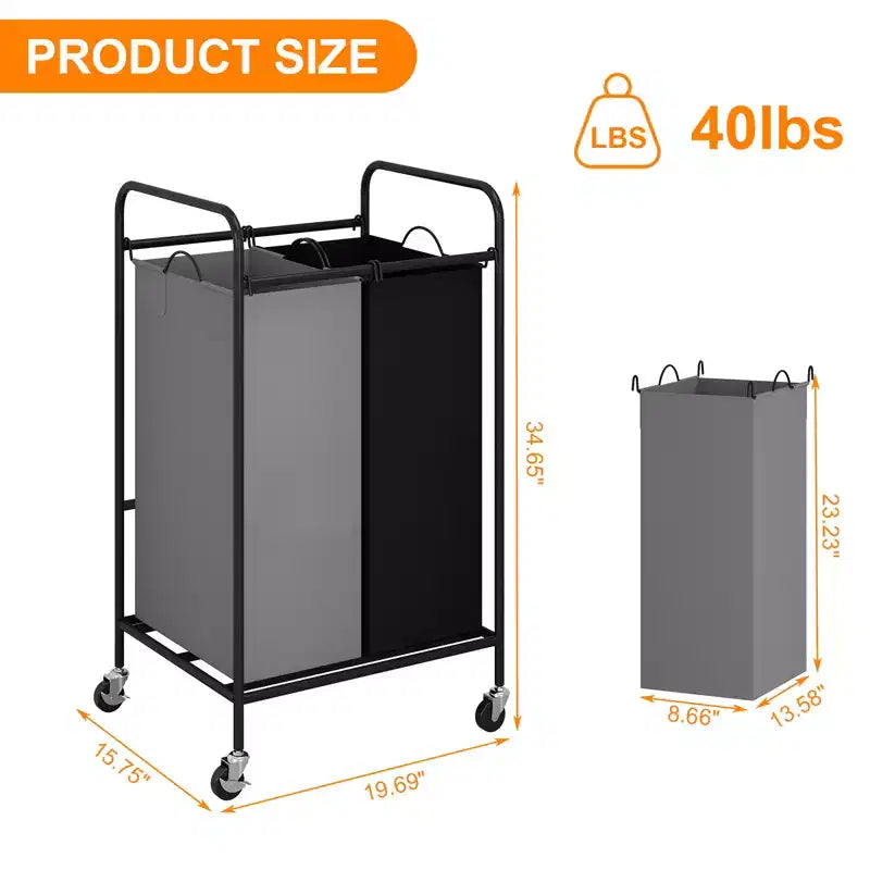 Panier à linge 2/3 compartiments, chariot de tri de linge robuste avec roulettes verrouillables et sacs amovibles 2/3x40L, organisateur de buanderie séparé
